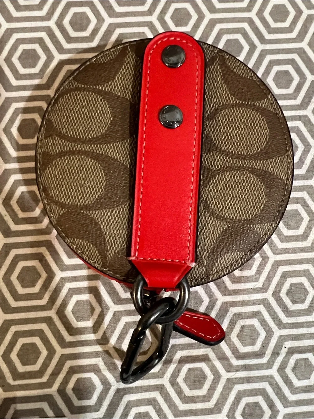 Coach Brown Signature Round Coin Case with Red Trim